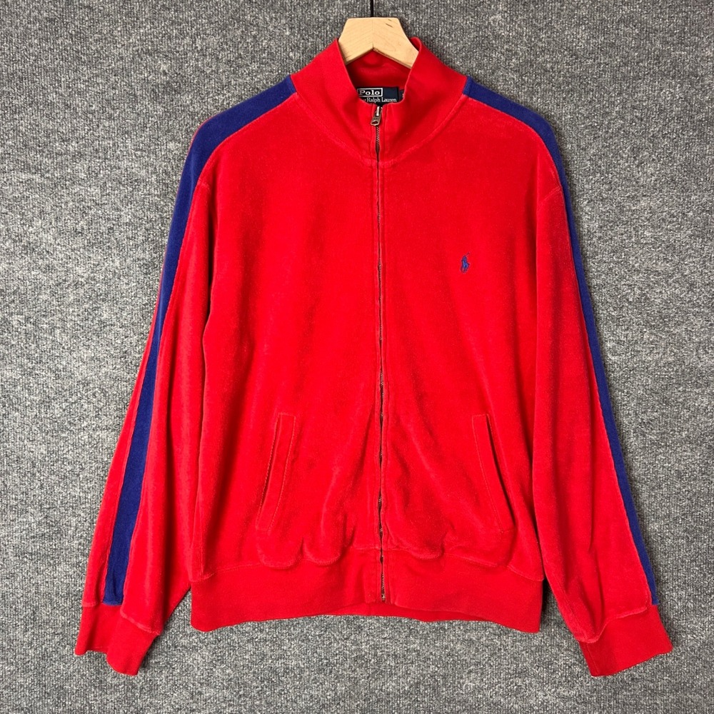 Vintage‎ Polo Ralph Lauren Red Velour Track Jacket Blue Stripe Logo Size L